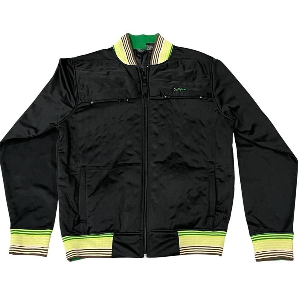 Vintage Caffeine Track Jacket Black Green Striped 90s Rave Skate CyberCaf Zip Up